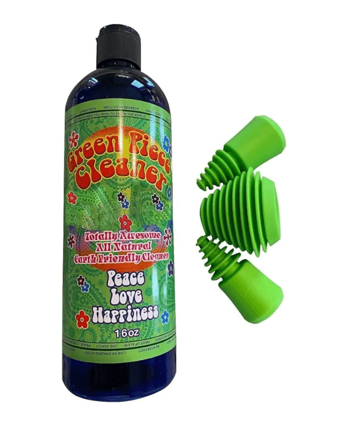 Green Piece® Glass Cleaner 16 oz bottle with Set of 3 Silicone Plugs for scent proofing and cleaning