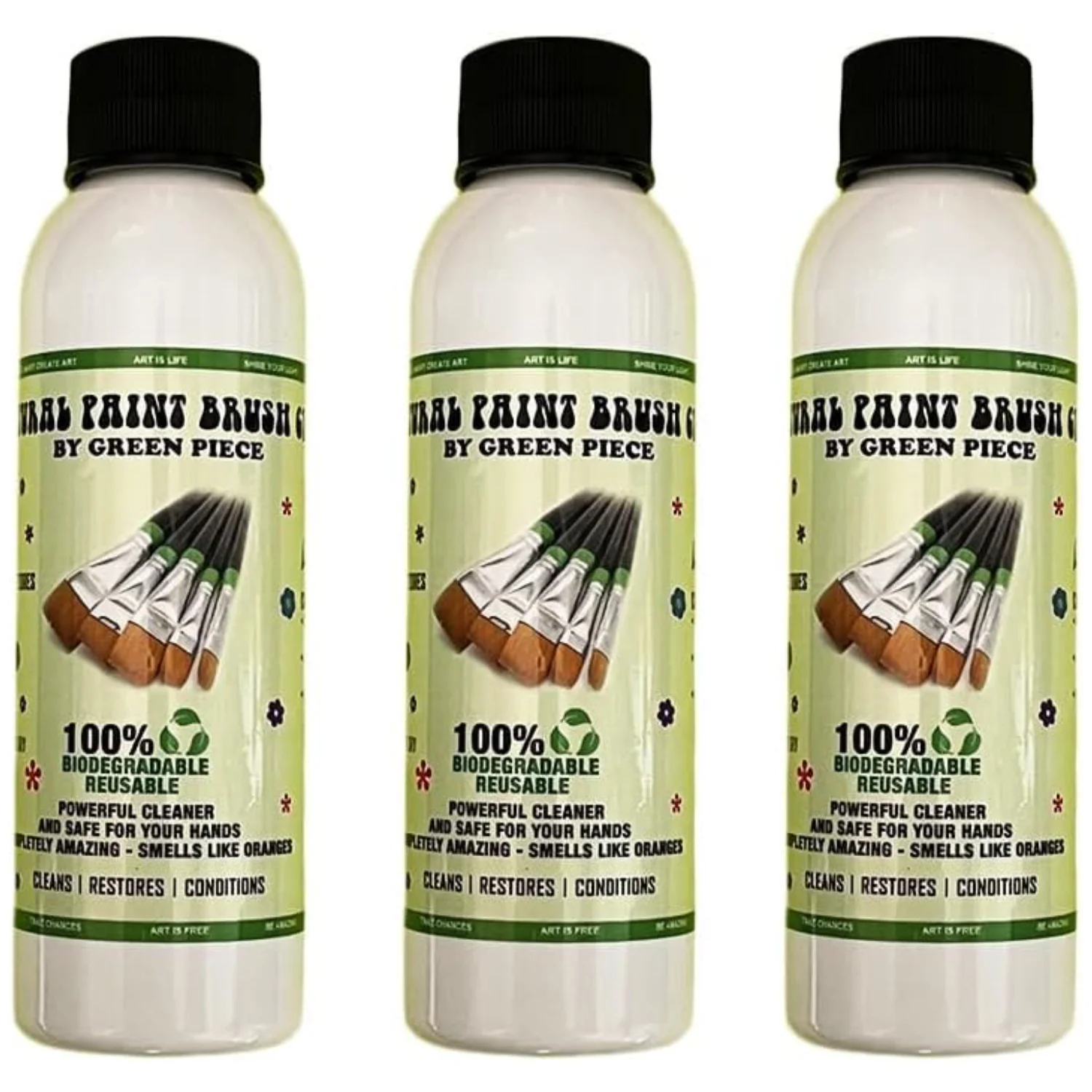 Green Piece® Paint Brush Cleaner – Pack of 3 (4 oz Travel Size) – Natural, Powerful Cleaner & Conditioner for Brushes, Clothes, Wood, and More
