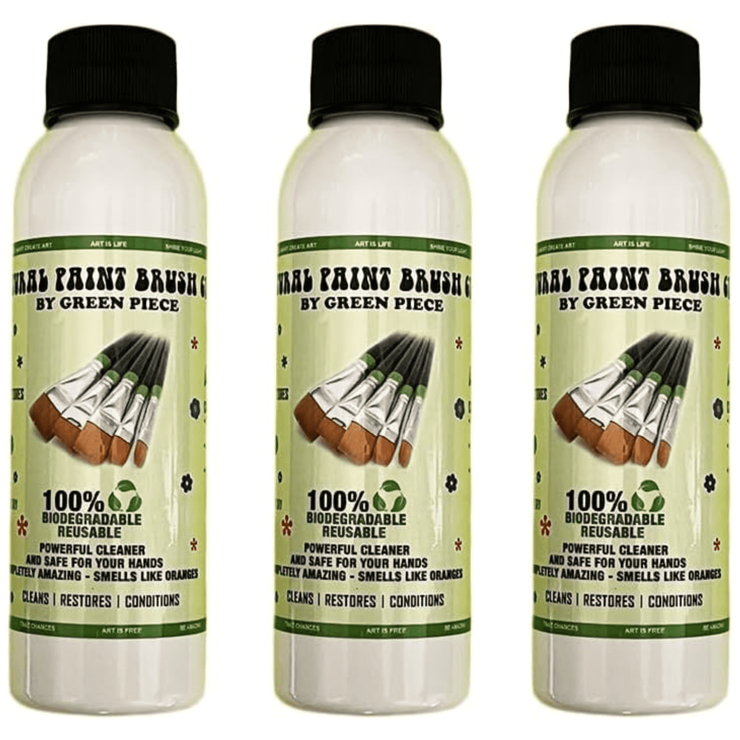 Green Piece® Paint Brush Cleaner – Pack of 3 (4 oz Travel Size) – Natural, Powerful Cleaner & Conditioner for Brushes, Clothes, Wood, and More