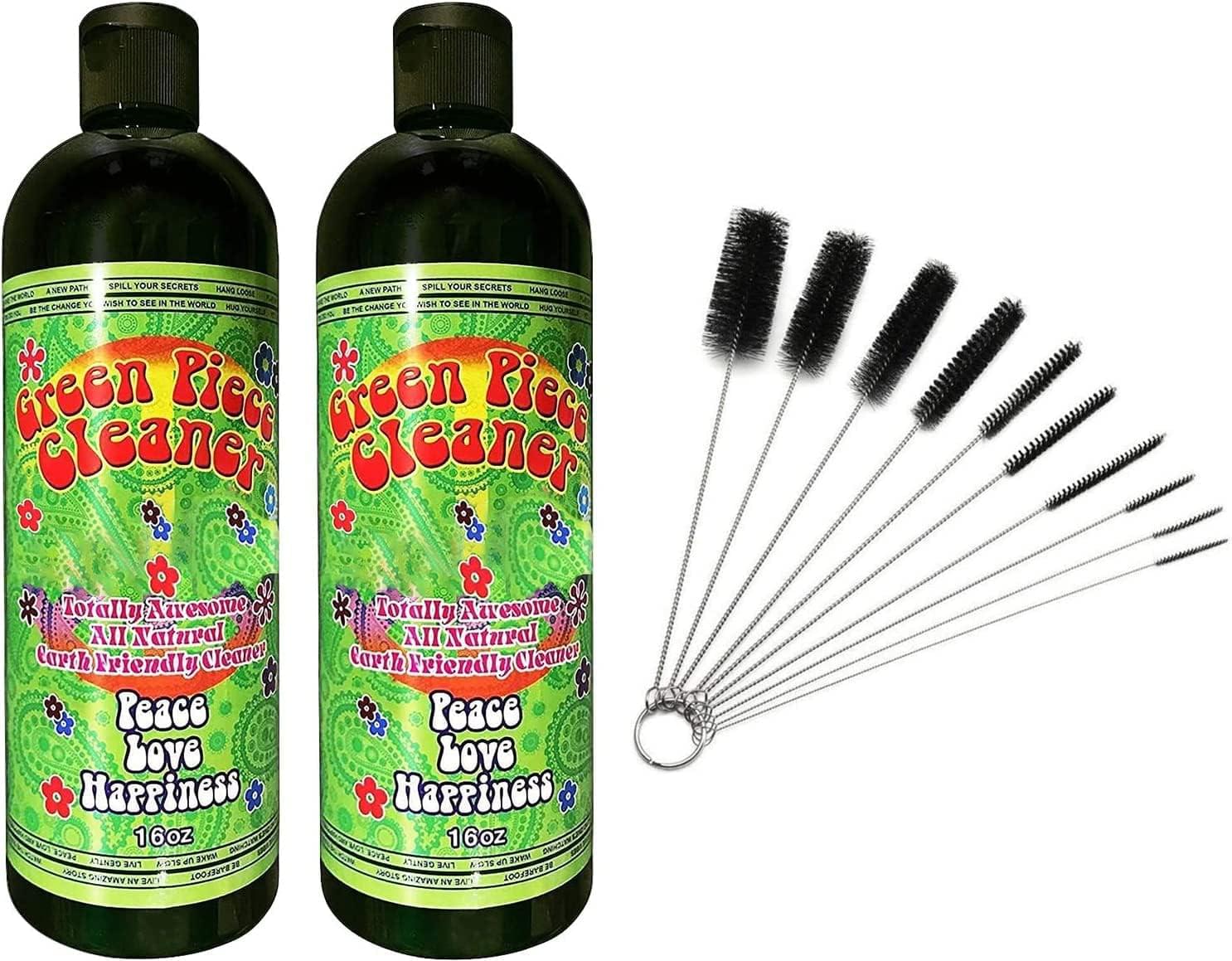 bottles of the 16 oz Green Piece Cleaner with 5 piece glass tube cleaner and 10 piece glass tube cleaner